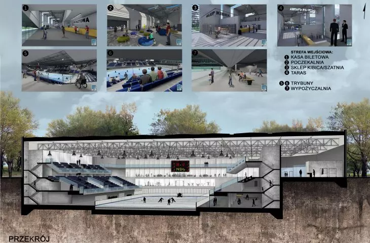 Projekt lodowiska w Opolu, przekrój i wnętrza