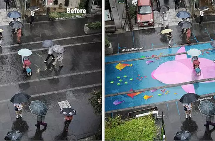 Project Monsoon, Seoul - hydrochromic paints on the sidewalk become colored after contact with water