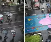 Project Monsoon, Seoul - hydrochromic paints on the sidewalk become colored after contact with water
