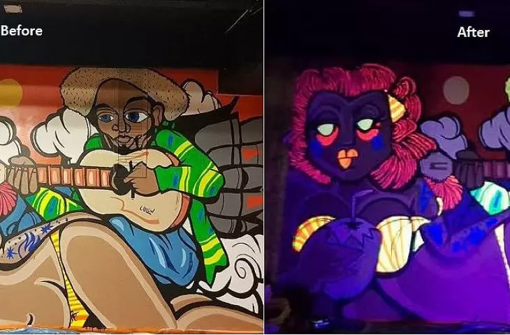 Music club, Warsaw - fluorescent and invisible fluo paints (glowing under UV)