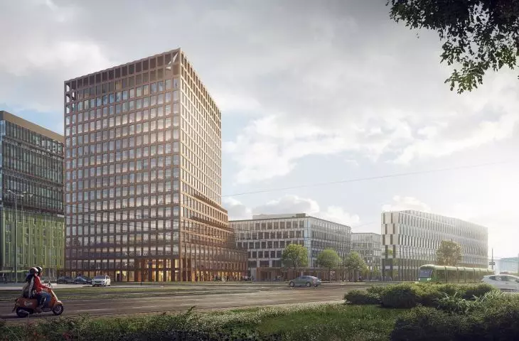 Wizualizacja narożnego biurowca kompleksu Nowy Rynek w Poznaniu, proj. JEMS Architekci