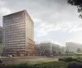 Visualization of the corner office building of the Nowy Rynek complex in Poznań, by JEMS Architekci.