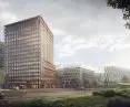 Wizualizacja narożnego biurowca kompleksu Nowy Rynek w Poznaniu, proj. JEMS Architekci