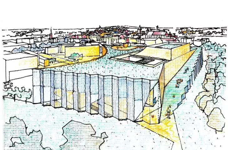 Sketch with view of ramp leading to roof
