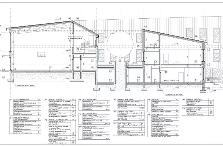 School and kindergarten complex in Przybysławice, cross-section A-A