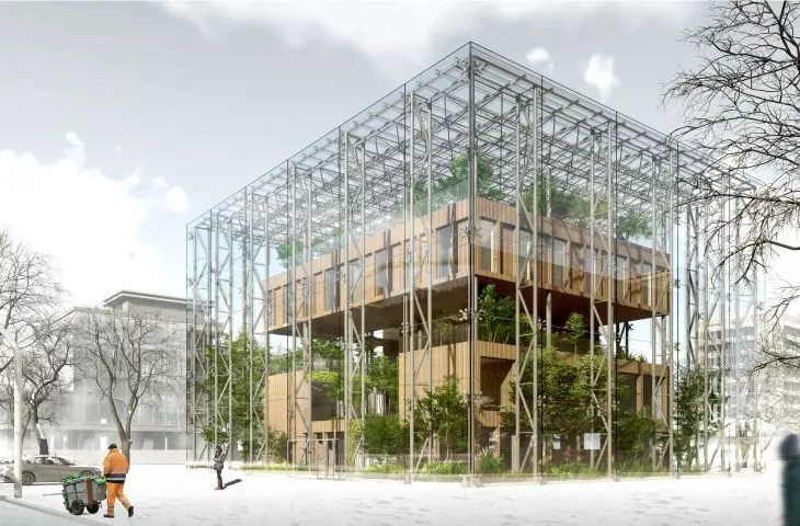 Green hospice behind glass structure
