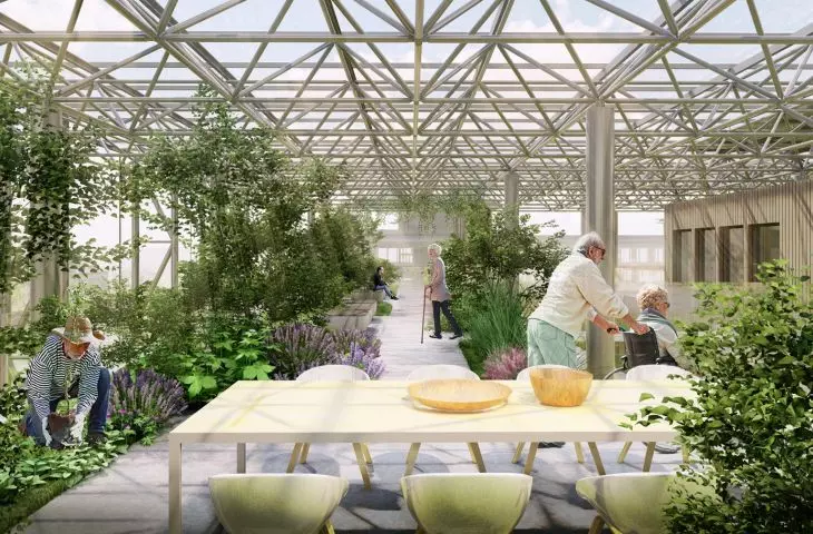 Green hospice, top floor has vegetable garden and kitchen with dining room