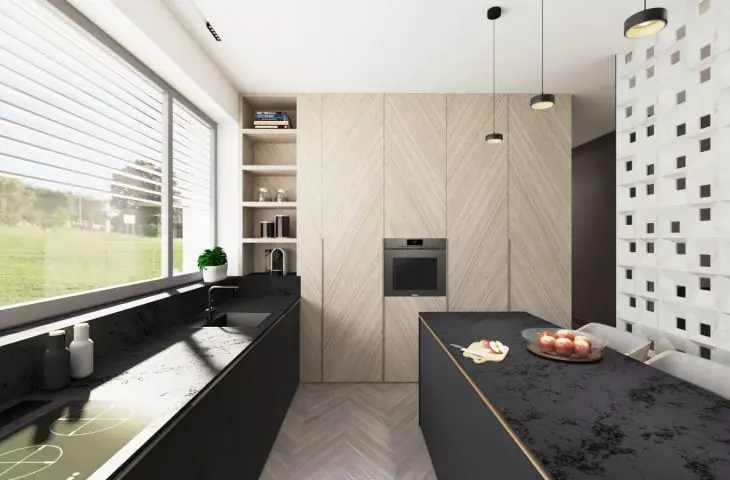 The kitchen is separated from the dining room by concrete precast elements