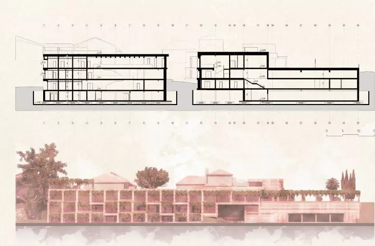Projekt hotelu Monte D’Oiro, przekrój i elewacja
