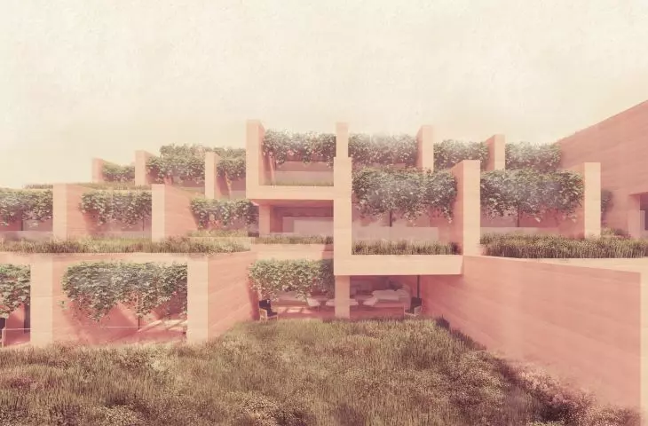 Projekt hotelu Monte D’Oiro, budynek wykonano z ziemi zbrojonej
