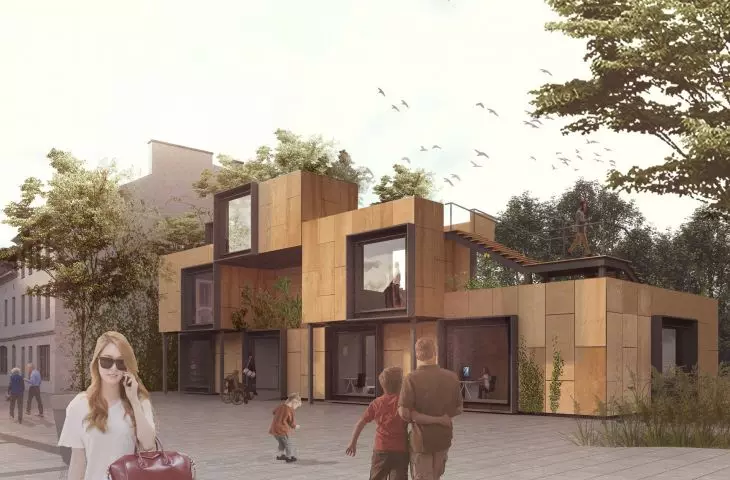 Myslowice market square, filling in frontage, temporary condition