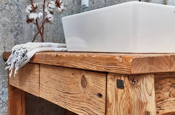 Bathroom console made of aged wood with original preserved old hand-hewn surface