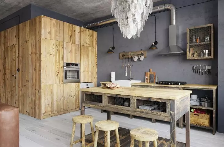 Loft kitchen made entirely of aged reclaimed wood and metal (3-layer fronts with preserved old surface)