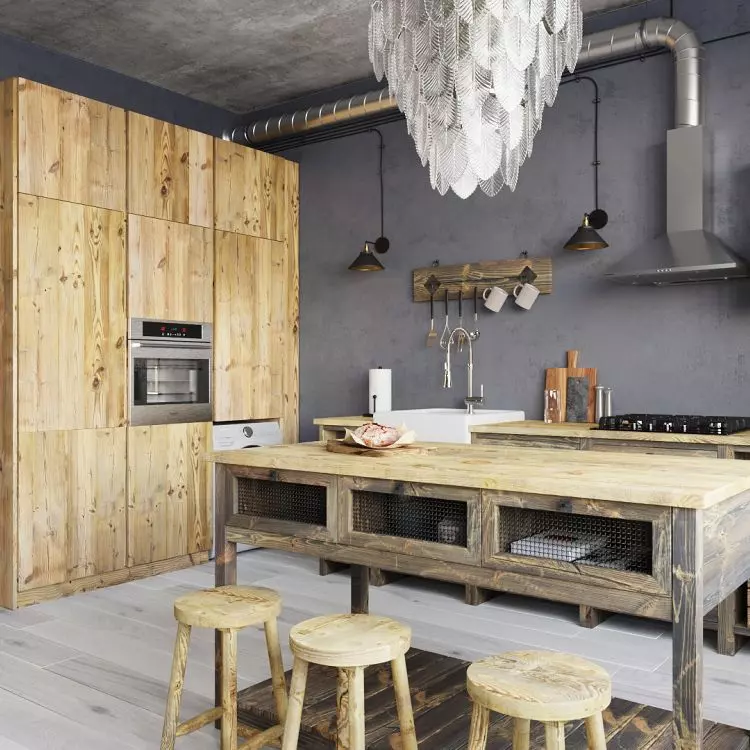 Loft kitchen made entirely of aged reclaimed wood and metal (3-layer fronts with preserved old surface)