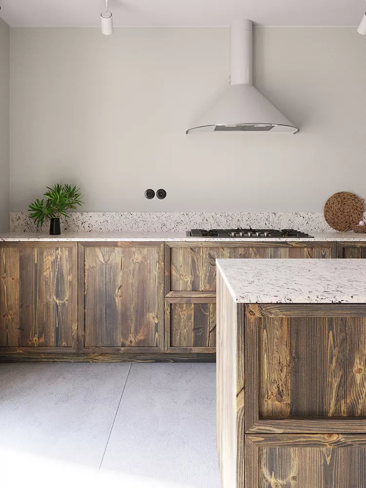 Scandinavian-style kitchen made entirely of aged wood (