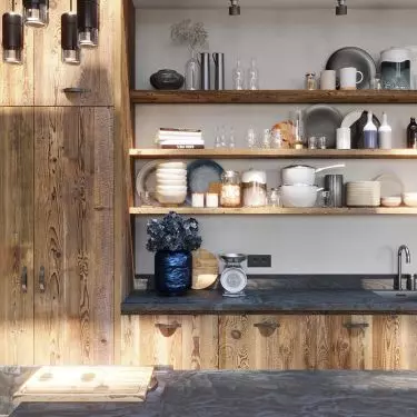 Traditional kitchen made entirely of aged wood (3-layer fronts with preserved old surface, handles hand-forged from recycled metal)