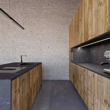 Modern, minimalist kitchen made entirely of aged wood (3-layer fronts with preserved old surface)