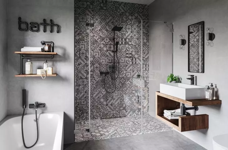 Zicco Black – bateria natryskowa ścienna, Zicco Black – bateria wannowa ścienna. Zicco Black – bateria umywalkowa stojąca, Squerto Lux Black – zestaw natryskowy przesuwny z deszczownią
