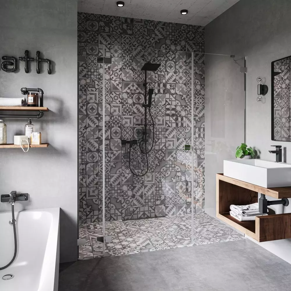 Zicco Black – bateria natryskowa ścienna, Zicco Black – bateria wannowa ścienna. Zicco Black – bateria umywalkowa stojąca, Squerto Lux Black – zestaw natryskowy przesuwny z deszczownią