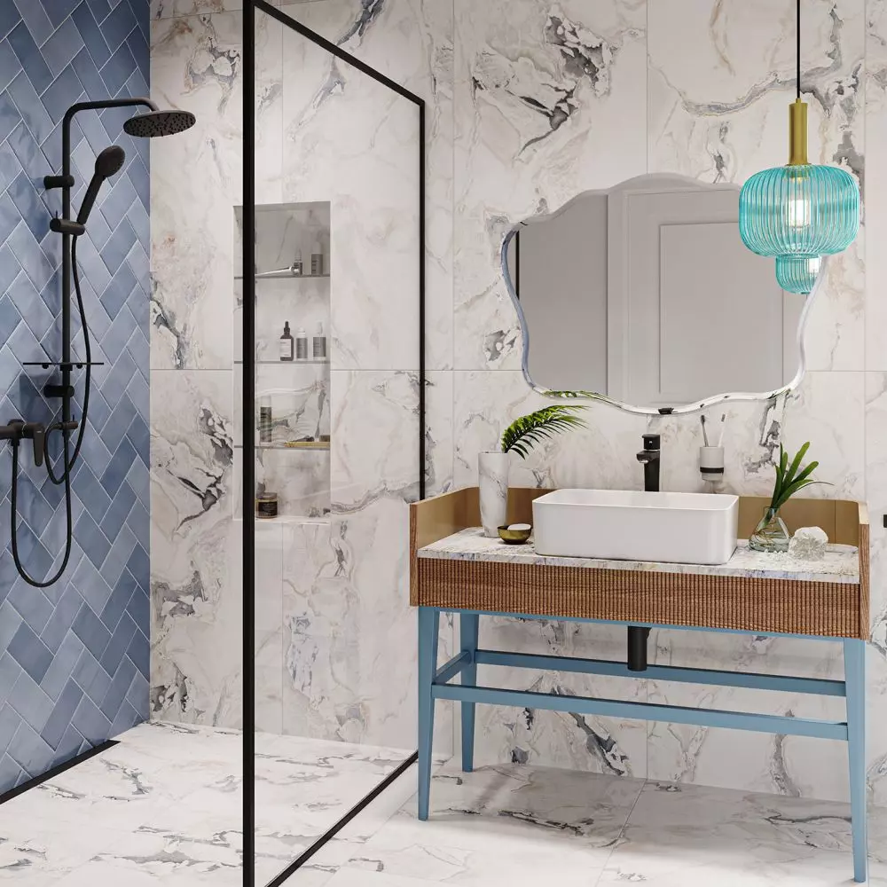 Algeo Black - wall-mounted shower mixer, Algeo Black - countertop standing basin mixer, Rondo Lux Black - sliding shower set with rain shower head