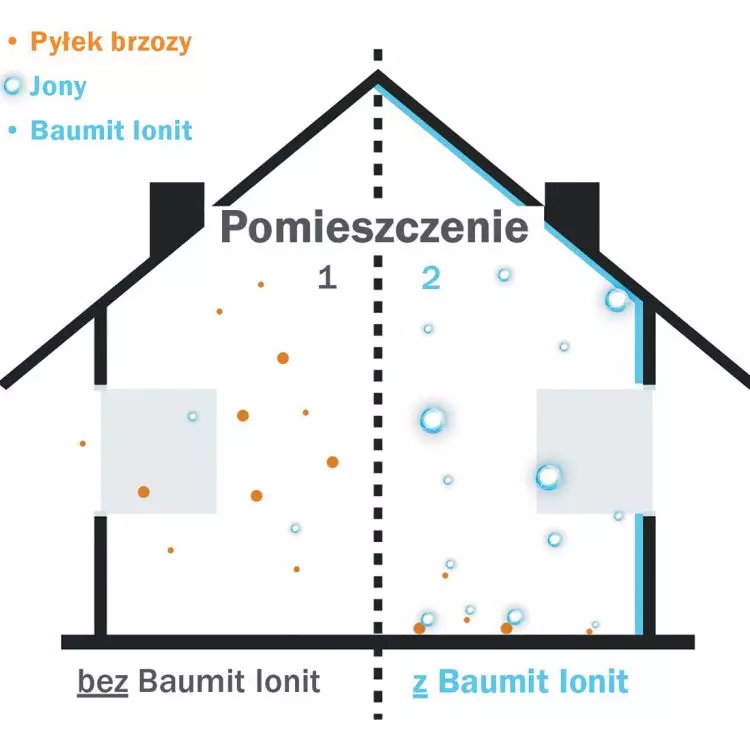 Without Baumit Ionite - birch pollen floats in the air. On the right, a room with Baumit Ionite - birch pollen was bound by ions in the air