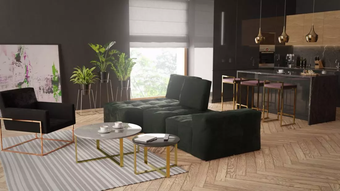 Meble Gilli
w salonie z aneksem kuchennym. Sofa Savannah, fotel Pura, stoliki kawowe Flores oraz hokery Coco