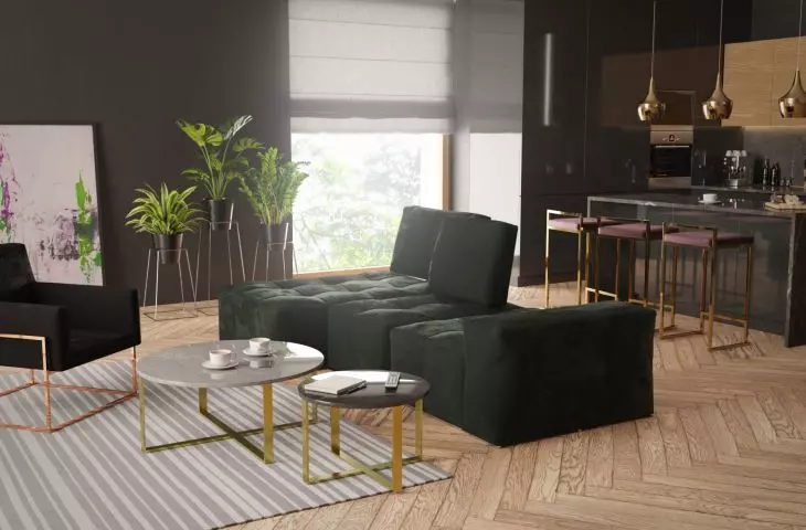 Sofa Savannah, fotel Pura, stoliki kawowe Flores oraz hokery Coco