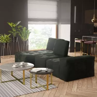 Sofa Savannah, fotel Pura, stoliki kawowe Flores oraz hokery Coco