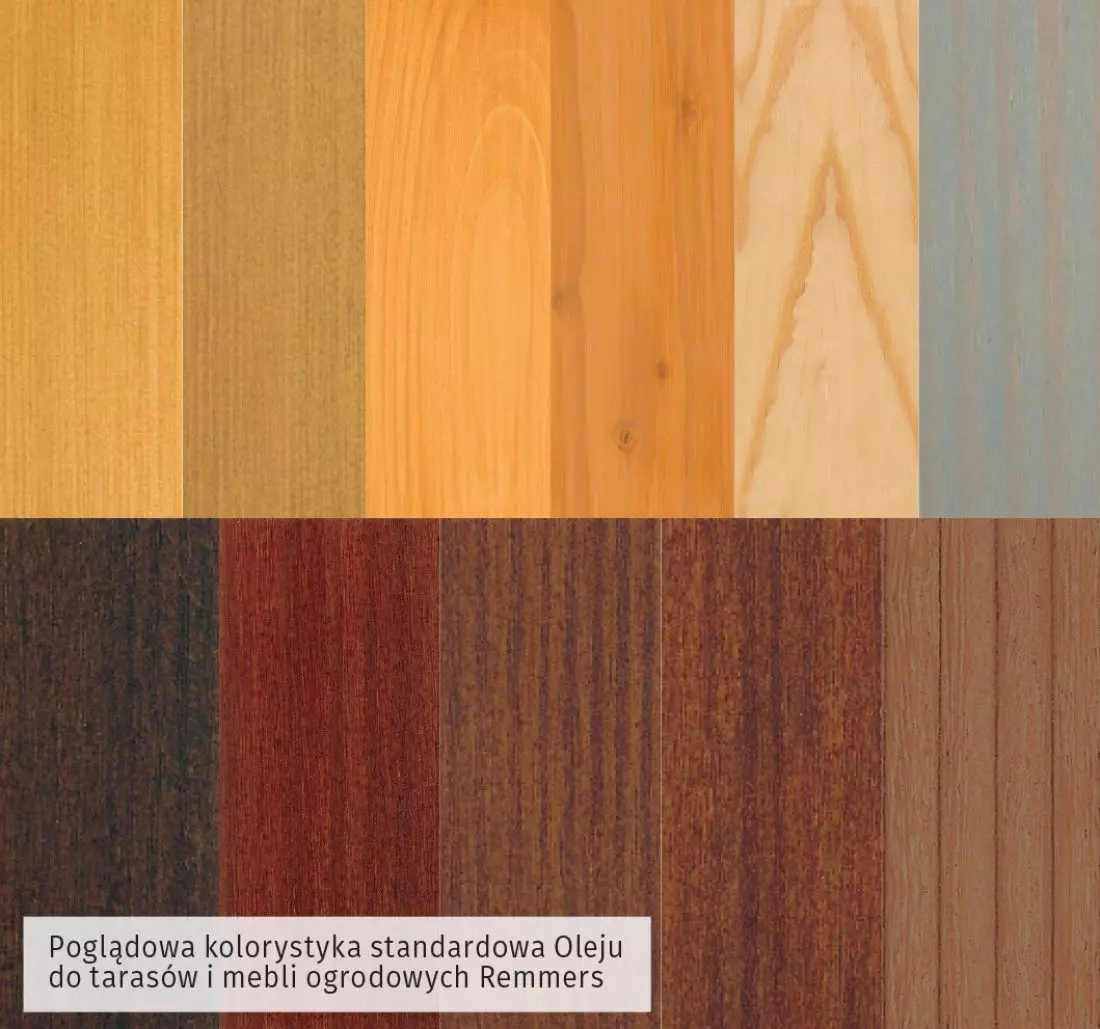 Poglądowa kolorystyka
standardowa Oleju do <span style='color: var(--color-header);'><span style='color: var(--color-header);'><span style='color: var(--color-header);'><span style='color: var(--color-header);'>taras</span></span></span></span>ów i mebli ogrodowych Remmers