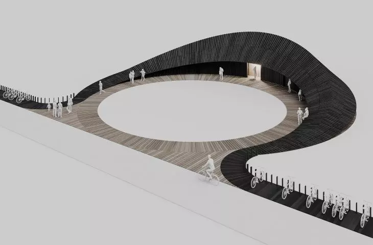A wooden platform leads to the facility