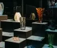 A sizable collection of colored glass is on display