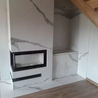 Bianco Statuario quartz sintered fireplace and wall cladding