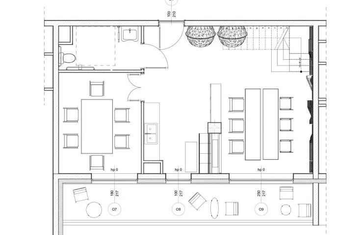 Projekt koncepcyjny przestrzeni coworkingowej, rzut parteru