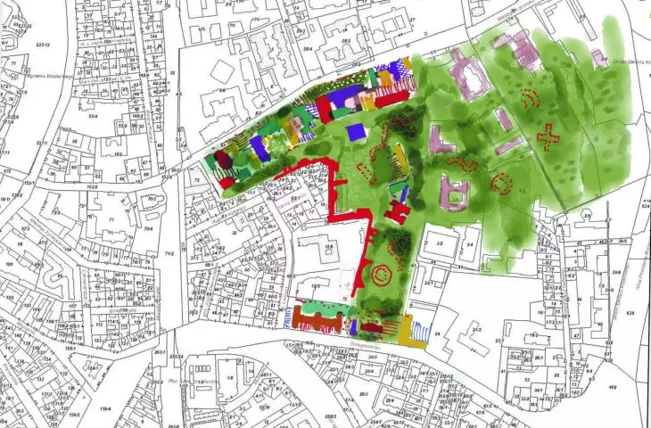 red dots indicate pavilions - small, light spaces