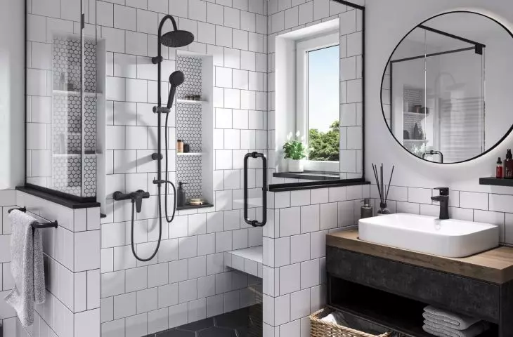 Rondo Black z deszczownią i ścienna bateria natryskowa Algeo Black