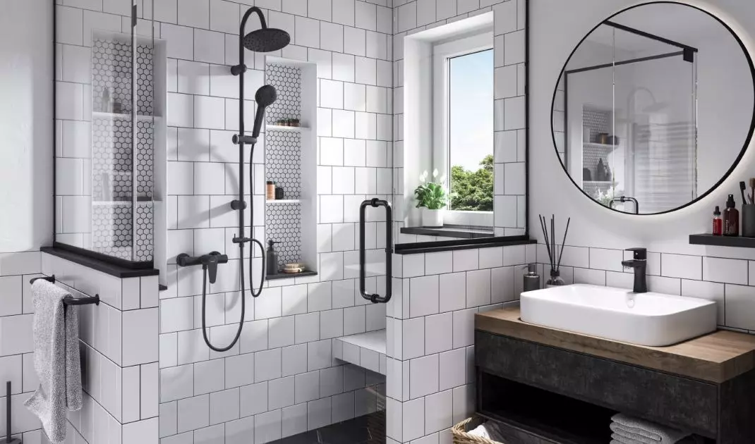 Rondo Black z deszczownią i ścienna bateria natryskowa Algeo Black