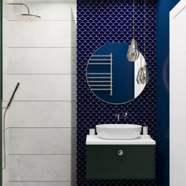 Blue is a leitmotif in the apartment. So it could not be missing in the small bathroom as well. 