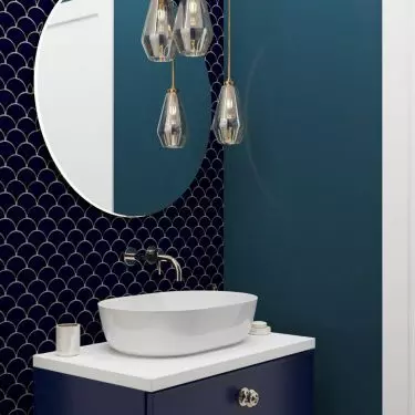 The blue is the paint and fish scale tiles on some walls and the tiles on the bathroom floor.
