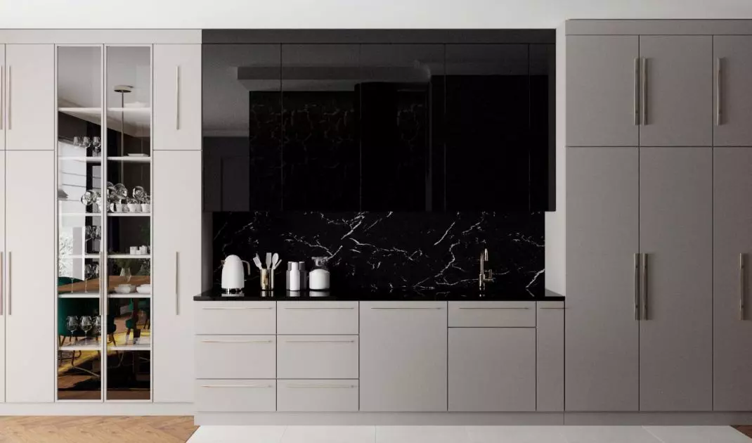 The cooking area is positioned so that it cannot be seen from the lounge area of the room. 