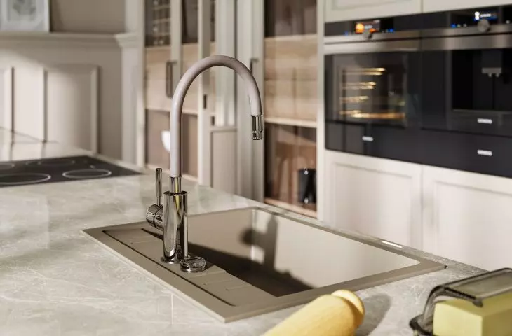 FERRO, Zumba, stand mixer tap with flexible spout, beige, Mezzo II, single-bowl kitchen sink 58x48 cm, sand 