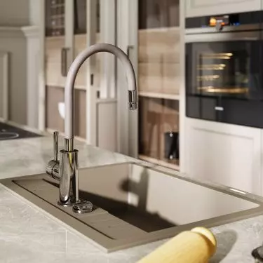 FERRO, Zumba, stand mixer tap with flexible spout, beige, Mezzo II, single-bowl kitchen sink 58x48 cm, sand 