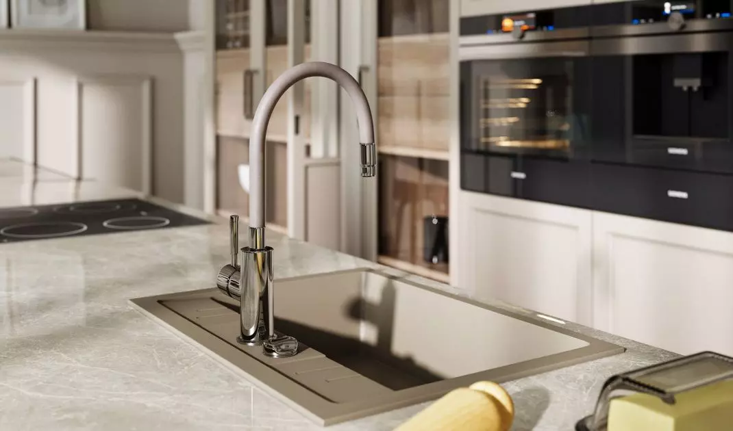 FERRO, Zumba, stand mixer tap with flexible spout, beige, Mezzo II, single-bowl kitchen sink 58x48 cm, sand 