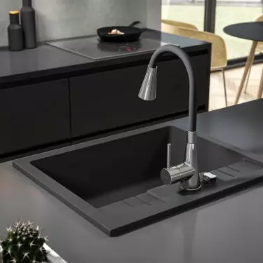 FERRO Mezzo II - Single-bowl kitchen sink 58x48 cm, graphite. Zumba II - standing sink faucet with flexible spout, black.