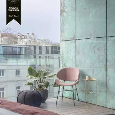 The interior color scheme was also inspired by the building's facade.