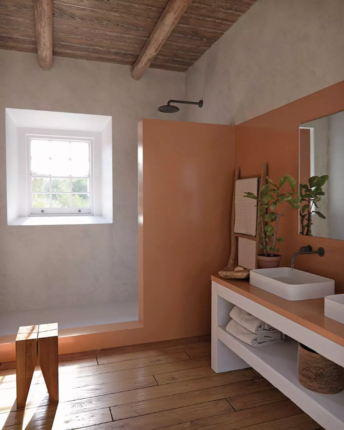 Okładzina ścian i blat łazienkowy: Silestone Arcilla Red, umywalka Silestone Blanco Zeus