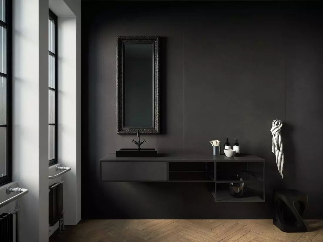 Okładzina ściany i blat łazienkowy: Dekton Eter, grubości 4 i 12 mm
