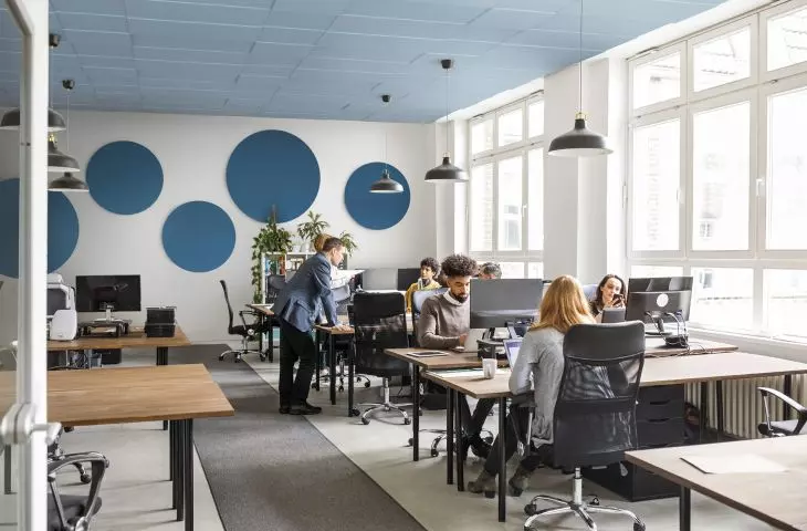 Ecophon Focus™ Levels to system sufitowy o różnych grubościach, rozmiarach i kolorach. Aranżacja uzupełniona o panele ścienne Akusto One