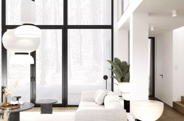 Living room - view of windows and mezzanine