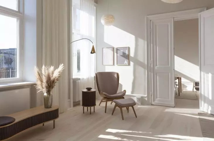 Audacious bench and table, The Reader armchair, Cornet + Willow arm lamp, Eos pendant lamp