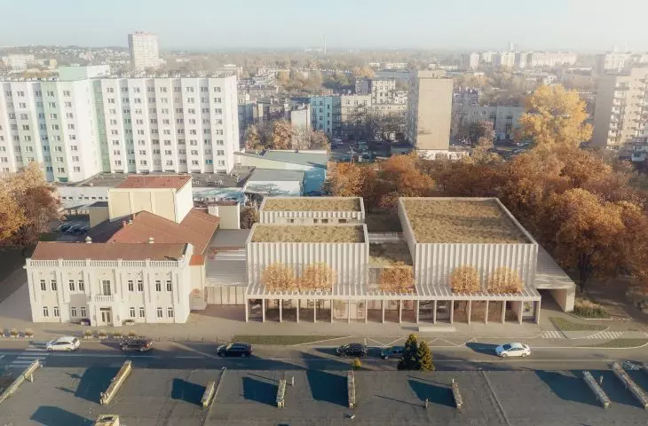 Wizualizacja nowego budynku Teatru Zagłębia w Sosnowcu z lotu ptaka